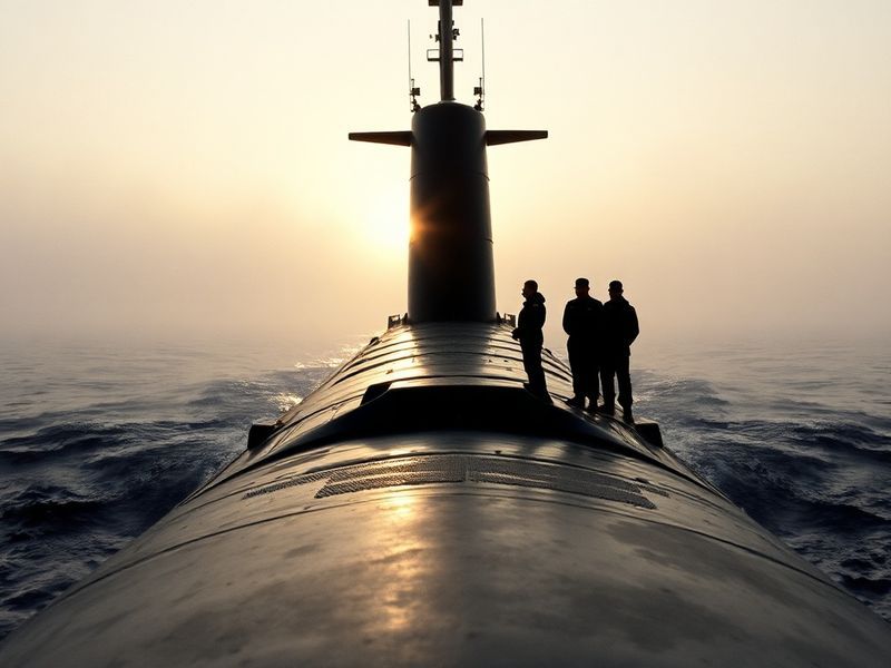 A sleek, modern HMS Trump submarine cutting through dark blue ocean waters, with a focus on its streamlined hull and advanced