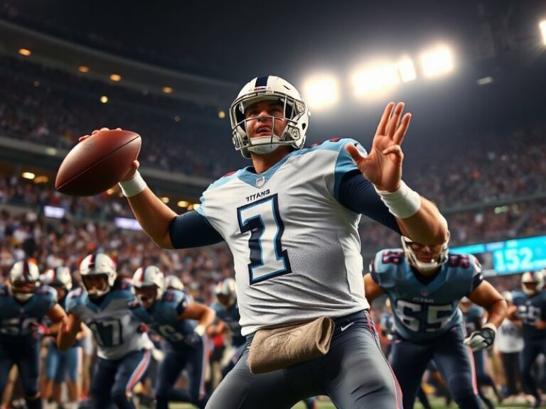 A dynamic shot of Nissan Stadium during a Titans game, filled with fans in blue and red, under a golden Tennessee sunset. The