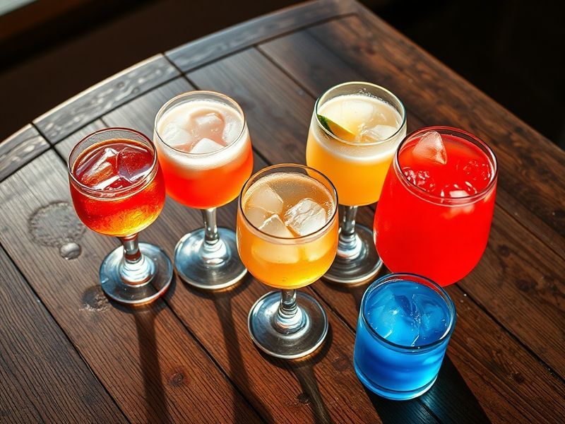 A vibrant collage of global drinks: a steaming cup of matcha tea, a glass of mezcal, a cocktail shaker mid-pour, and a clay v