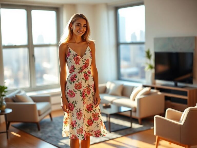 A stylish woman in a bold, form-fitting dress standing next to a political commentator at a media event, with a split-screen