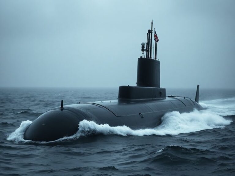 A high-tech, photorealistic depiction of HMS Trump surfacing in calm ocean waters at dawn, with advanced sensor arrays and mi