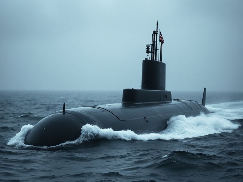 A high-tech, photorealistic depiction of HMS Trump surfacing in calm ocean waters at dawn, with advanced sensor arrays and mi