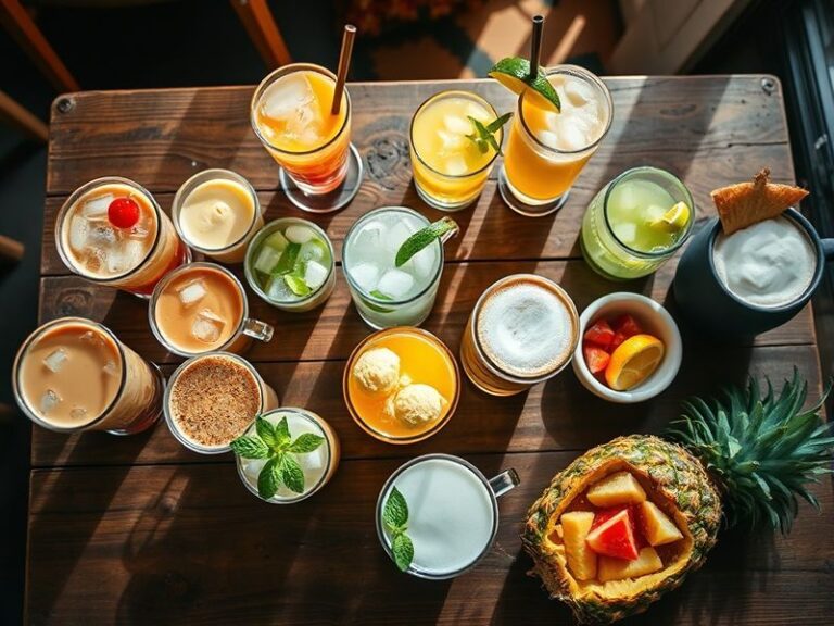 A stylish flat lay of diverse drinks arranged on a wooden table: a steaming coffee cup, a glass of pale ale, a bottle of spar