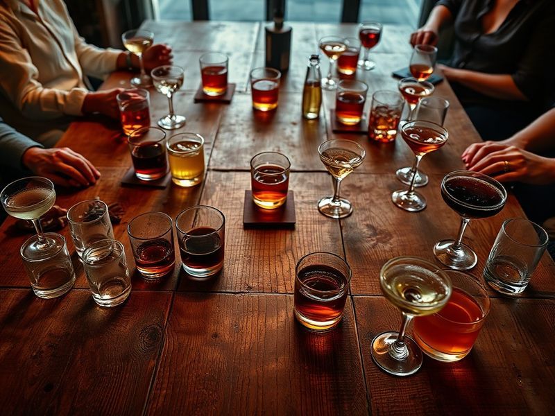 A vibrant, modern bar scene featuring craft cocktails, artisanal beers, and colorful mocktails, with a focus on sustainable p