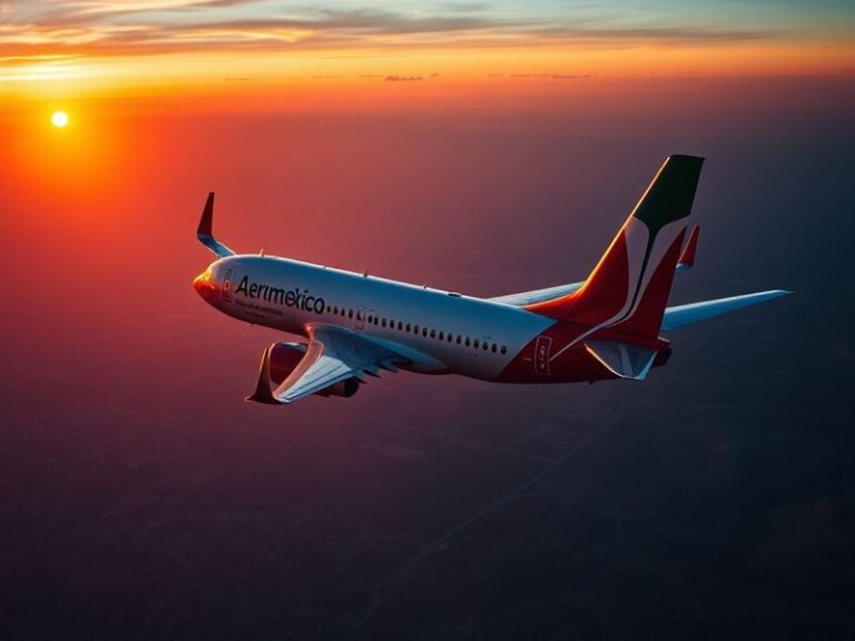 A modern AeroMexico Boeing 787 Dreamliner taxiing at an airport during sunset, with the airline's logo and livery prominently