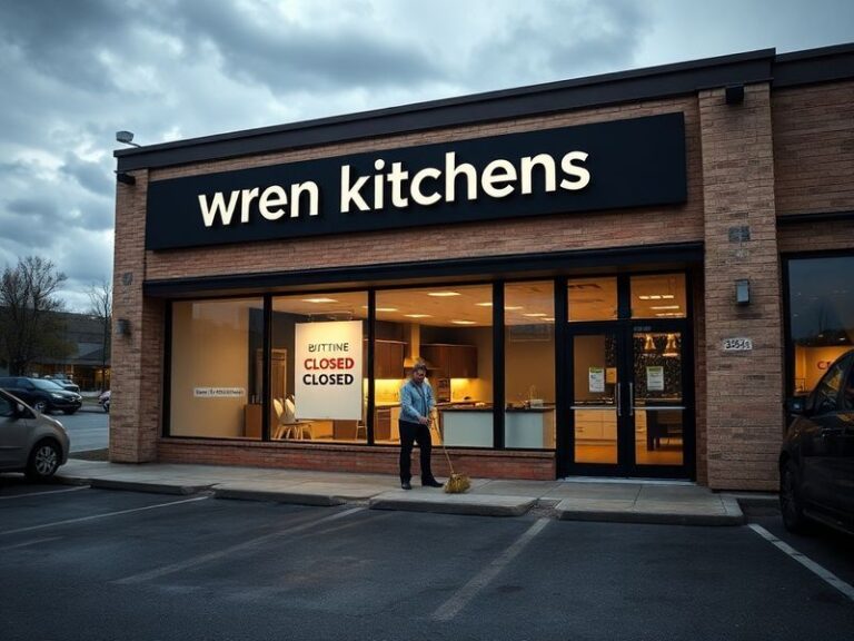A shuttered Wren Kitchens showroom with a 'Closed' sign on the door, surrounded by empty parking spaces. The storefront is li