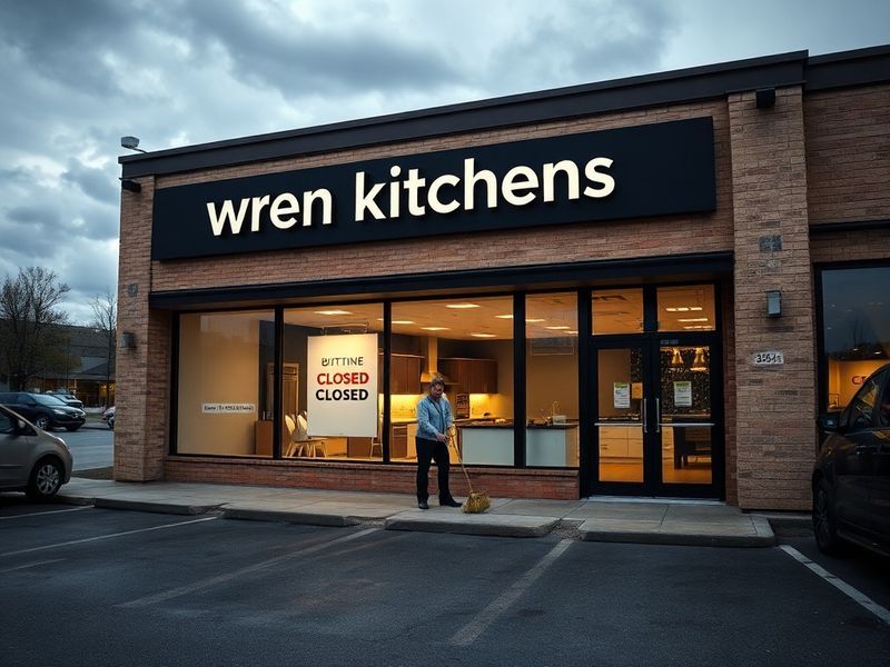 A shuttered Wren Kitchens showroom with a 'Closed' sign on the door, surrounded by empty parking spaces. The storefront is li