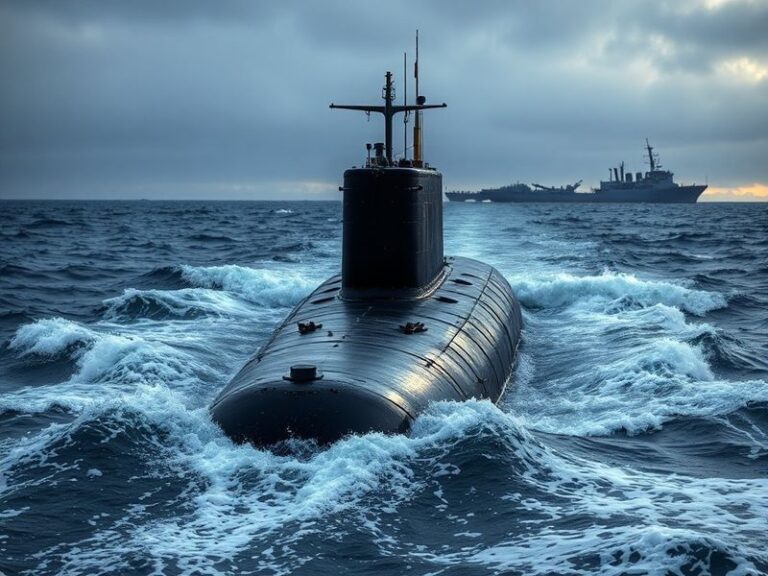 A sleek, modern nuclear submarine cutting through dark blue ocean waters, with its periscope barely visible above the surface