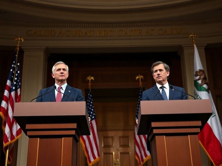 A split-screen image of two candidates debating on stage, with a California state flag in the background. The left side shows