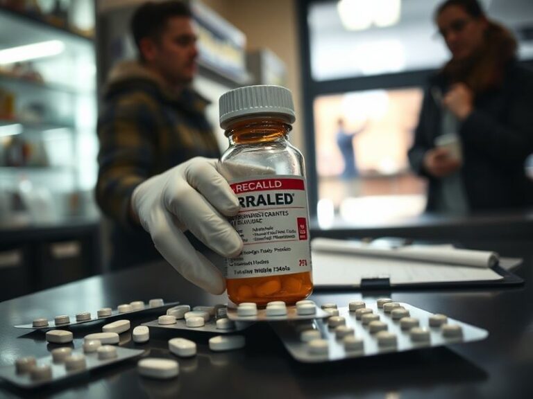 A close-up of prescription bottles with antidepressants spilling out, set against a dimly lit background to convey urgency an
