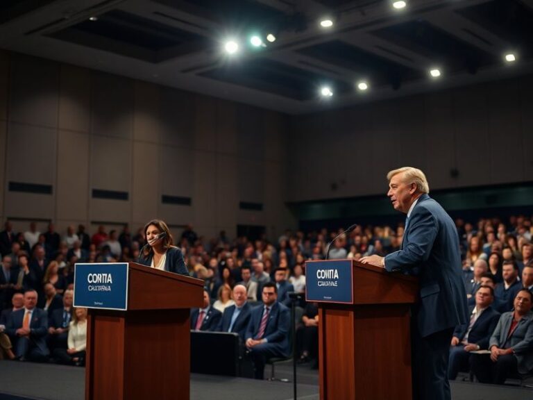 A split-screen image showing the California state capitol building on one side and a futuristic cityscape with solar panels a