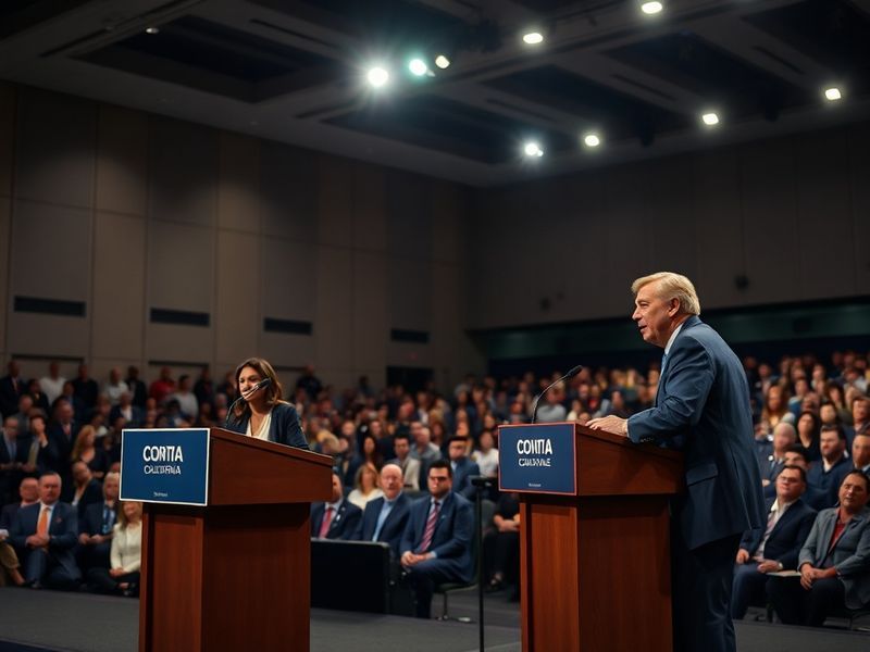 A split-screen image showing the California state capitol building on one side and a futuristic cityscape with solar panels a