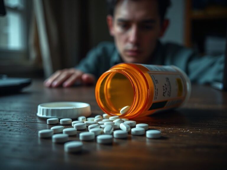 A close-up of a blister pack of pills half-empty, with some pills scattered on a wooden table. The background is softly blurr