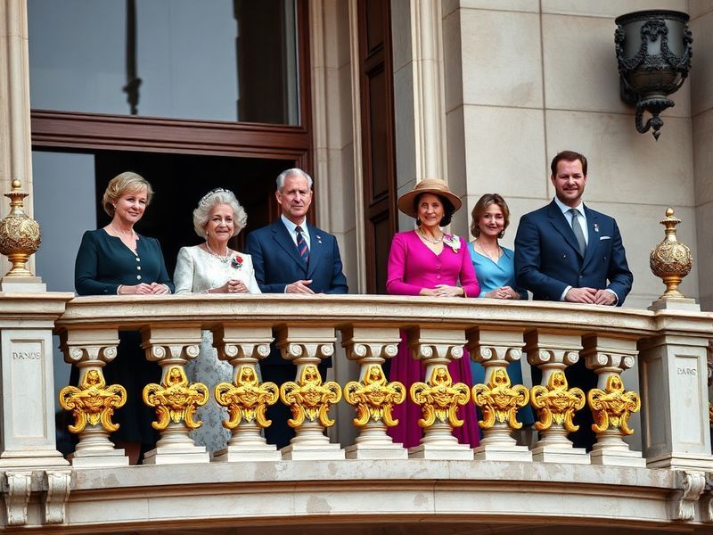A regal portrait of Queen Elizabeth II in her coronation robes, surrounded by members of the British royal family in a grand
