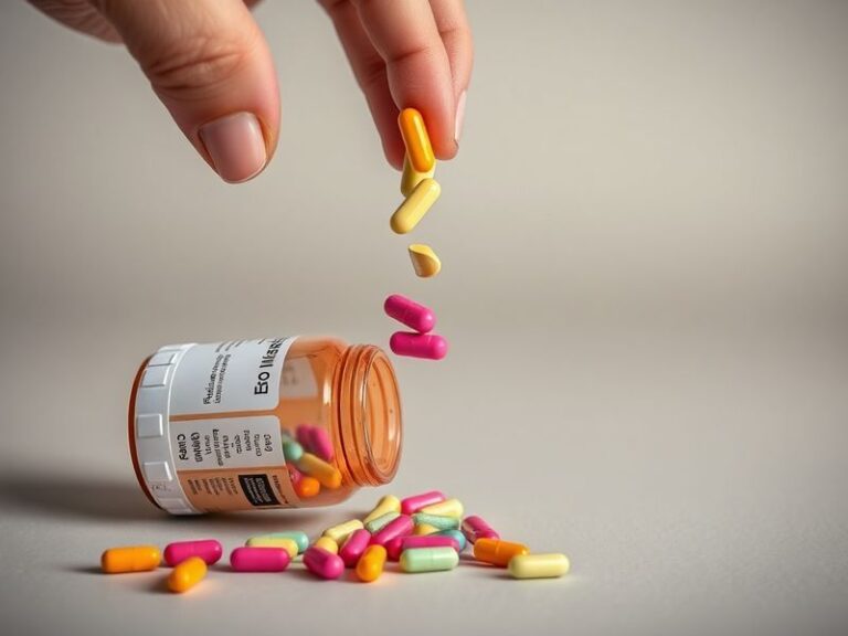 Close-up of antidepressant pills spilling from an open orange prescription bottle onto a wooden table, with a concerned patie