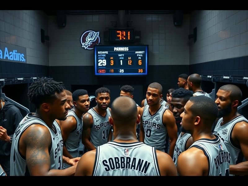 A dynamic NBA court-side shot showing the Spurs in silver and black uniforms preparing for action, with the Thunder’s blue an