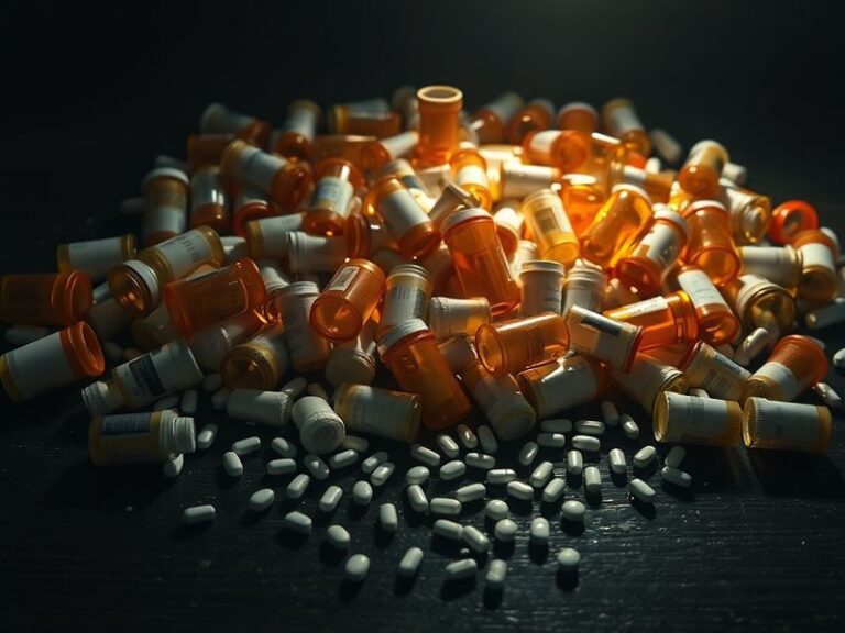 A concerned patient holding a prescription bottle while reviewing medication recall information on a laptop, with a blurred p