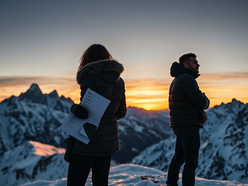 A quiet mountain town in winter, with snow-covered rooftops and bare trees. In the foreground, a couple sits on a bench facin