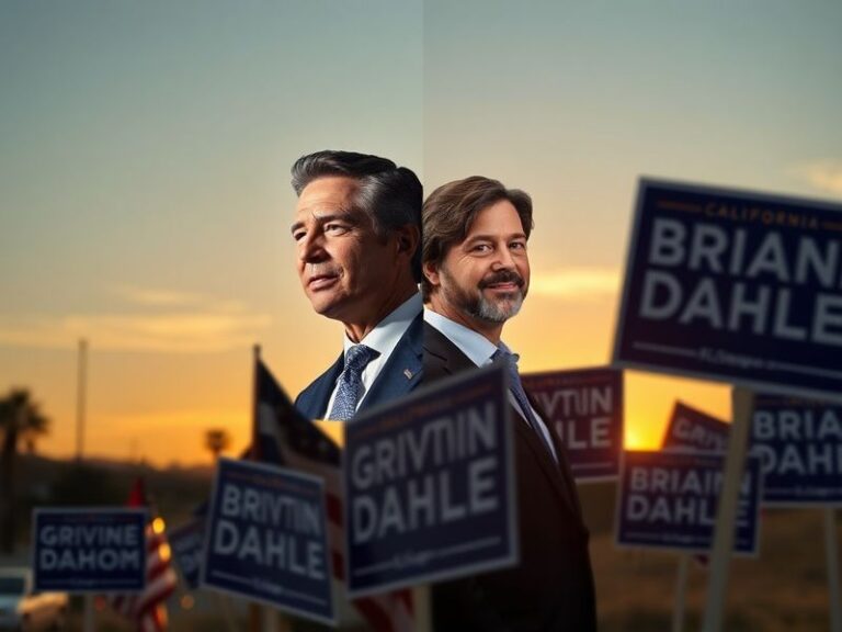 A split-screen image of the California state capitol building on the left and a podium with a microphone on the right, symbol