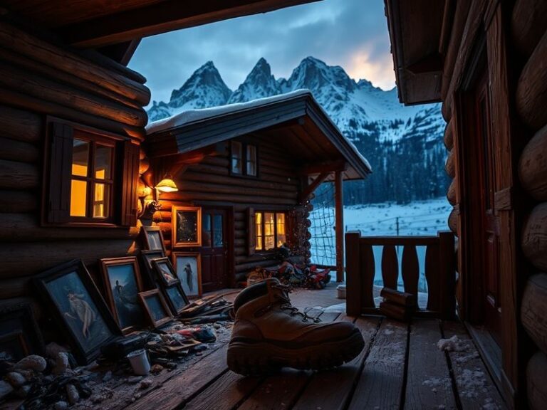 A couple in their late 60s overlooking a snow-capped Alpine valley, one reading a legal document while the other consults a f