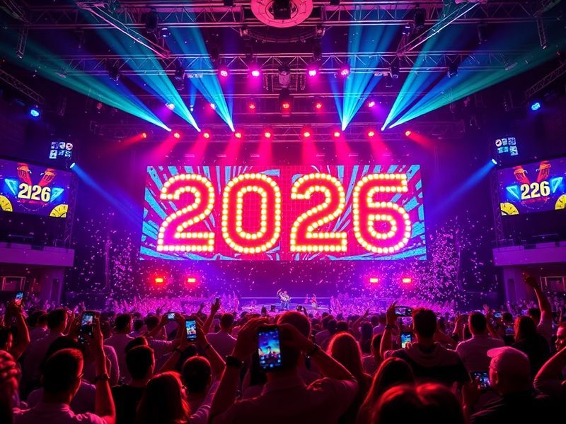 A vibrant outdoor festival scene at dusk, with a massive stage illuminated by colorful lights and a diverse crowd dancing and