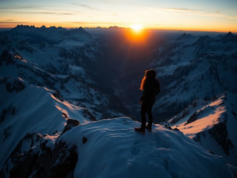 Aerial view of a snowy mountain town with scattered houses, a winding road, and a small church in the center. The scene captu
