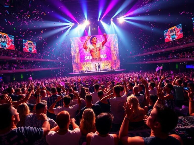 A vibrant concert scene at Wembley Stadium during sunset, with a massive crowd cheering under colorful stage lights. The stag