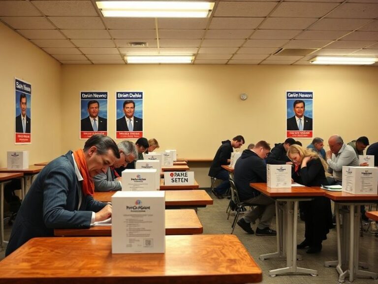 A split-image illustration showing two candidates on either side of a California map, with poll numbers and voter silhouettes
