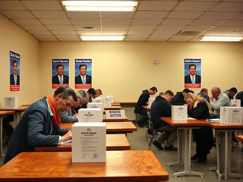 A split-image illustration showing two candidates on either side of a California map, with poll numbers and voter silhouettes