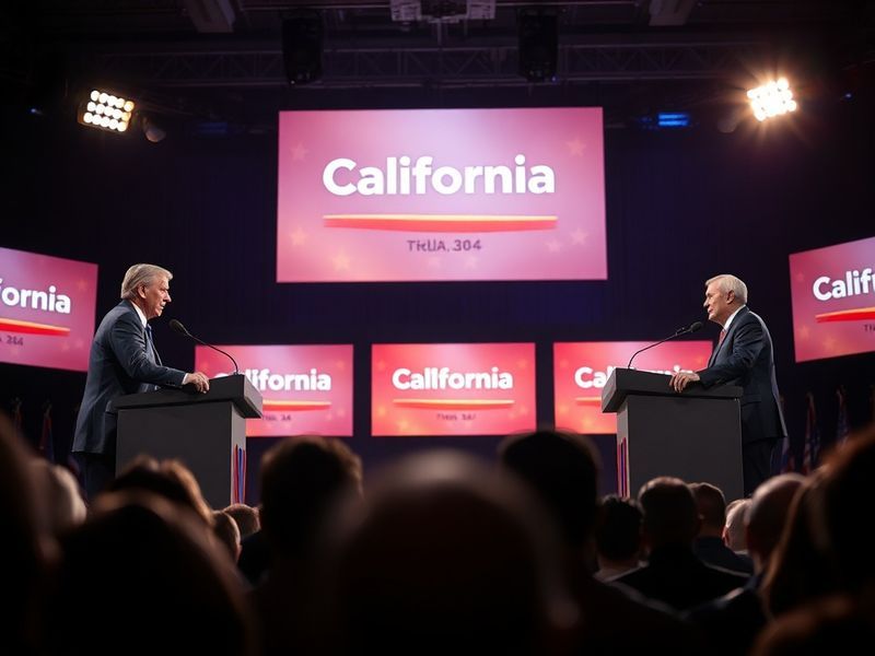 A split-screen image of the debate stage with candidates Eleni Kounalakis and Kevin Faulconer, a global map overlay showing C