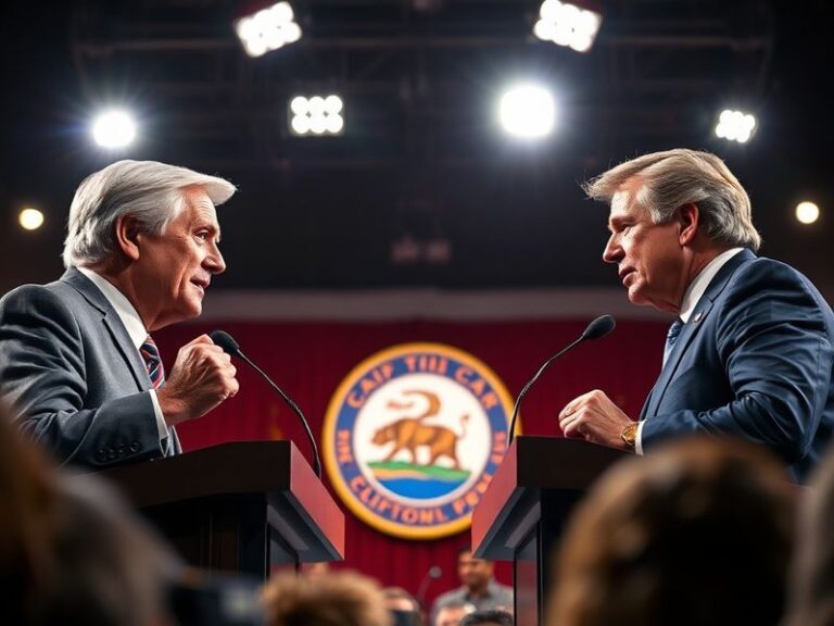 A split-screen image of the four gubernatorial candidates on stage during the debate, with a backdrop of the California state