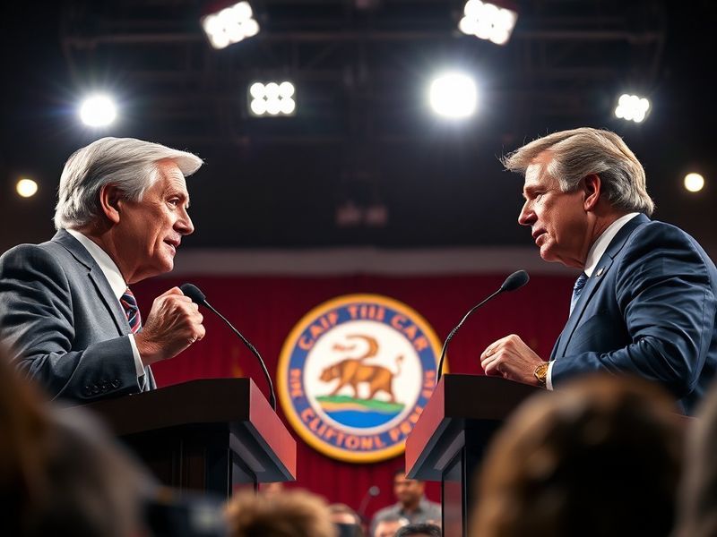 A split-screen image of the four gubernatorial candidates on stage during the debate, with a backdrop of the California state