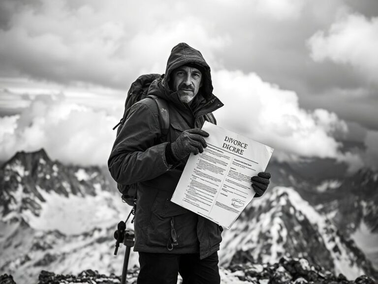 A couple standing on a snowy mountain ridge at sunset, facing away from each other. The vast, rugged landscape below contrast