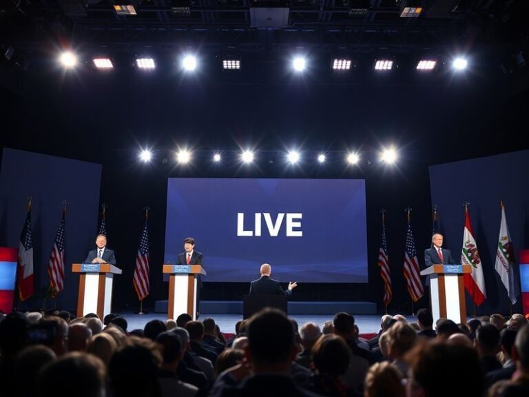 A split-screen image of the two gubernatorial candidates speaking at podiums during the debate, with the California state fla