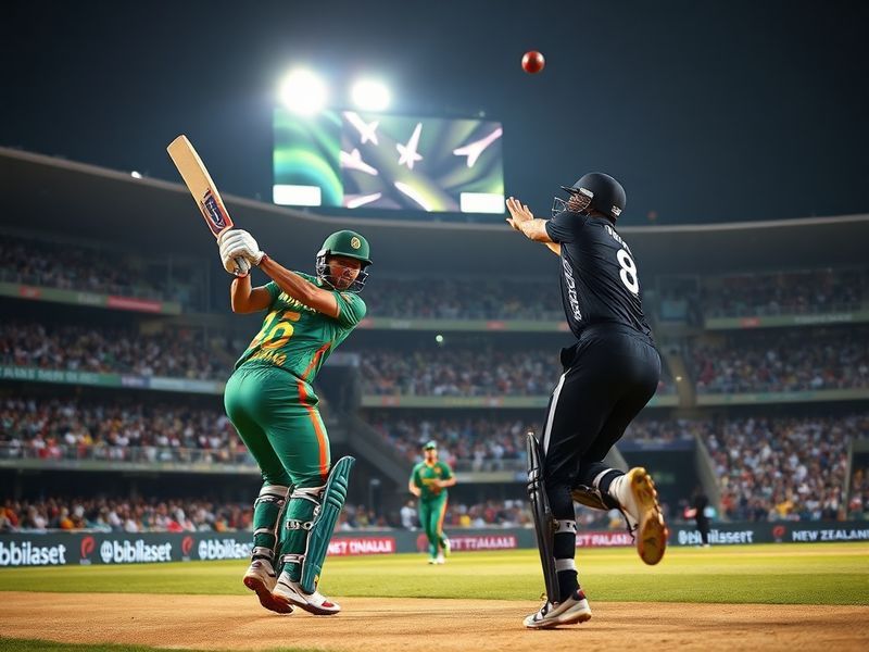 A dynamic cricket match between Bangladesh and New Zealand players in action, with the Bangladesh flag and New Zealand flag v