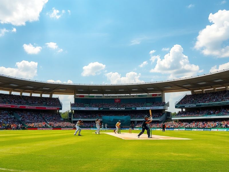 A cricket stadium during a Bangladesh vs New Zealand match, showing players in action under floodlights, with the Bangladeshi
