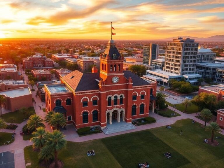 Aerial view of the University of Arizona campus featuring Old Main, modern buildings, and lush green spaces under a bright bl