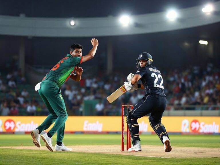 A packed cricket stadium in Dhaka, Bangladesh, with the Bangladesh team celebrating a wicket against New Zealand. The field i