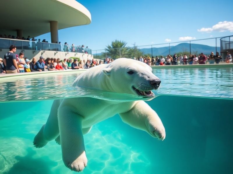 A winter scene at Asahiyama Zoo showing polar bears in a snowy enclosure with visitors observing through glass tunnels, surro