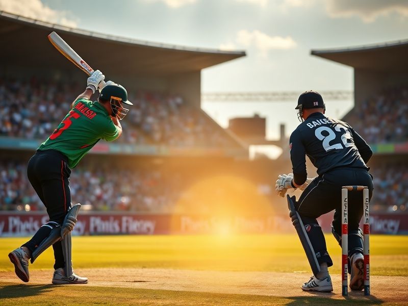 A packed cricket stadium in Dhaka during the Bangladesh vs New Zealand Test match, with players in action on a turning pitch