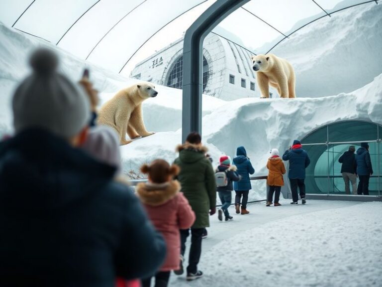 Aerial view of Asahiyama Zoo in winter, showing snow-covered enclosures with polar bears, penguins, and visitors in winter ge