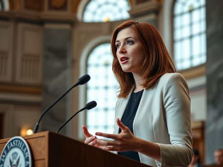 A professional headshot of Mallory McMorrow speaking at a podium in the Michigan State Capitol, with a blurred background sho