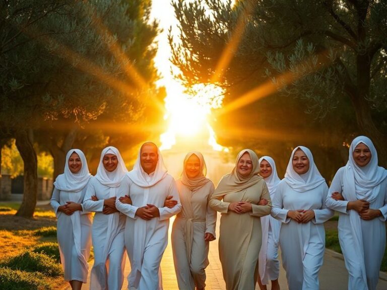 A serene mosque interior with sunlight filtering through stained glass, featuring Arabic calligraphy and a diverse group of w