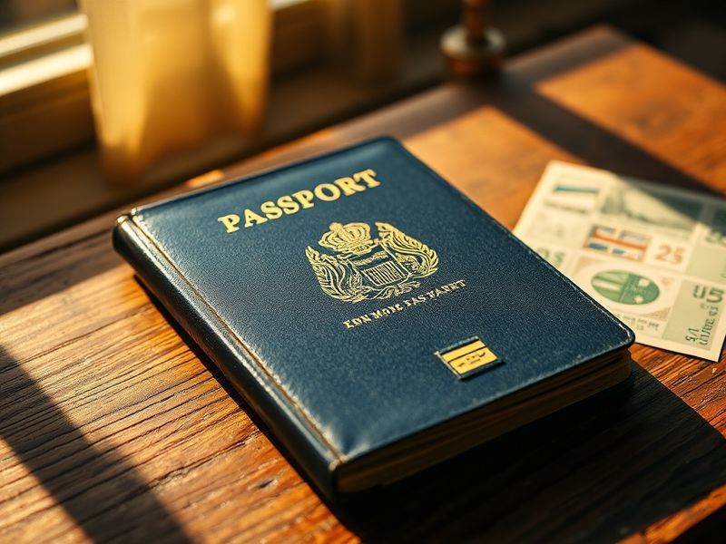 A close-up of an open passport with stamps from various countries, featuring a traveler's hands holding it against a blurred