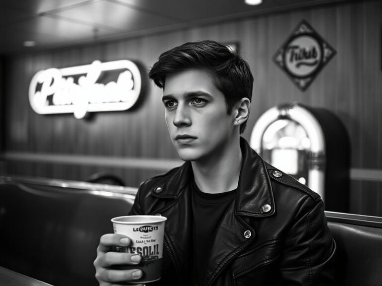 A vibrant concert stage with Bobby Norris singing into a microphone, dressed in a casual yet stylish outfit. The background f