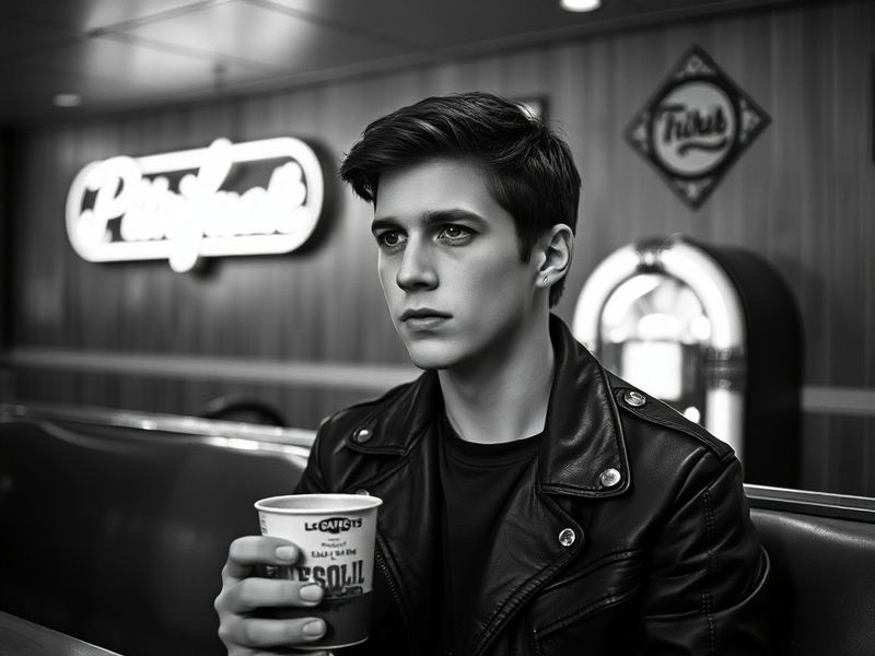 A vibrant concert stage with Bobby Norris singing into a microphone, dressed in a casual yet stylish outfit. The background f