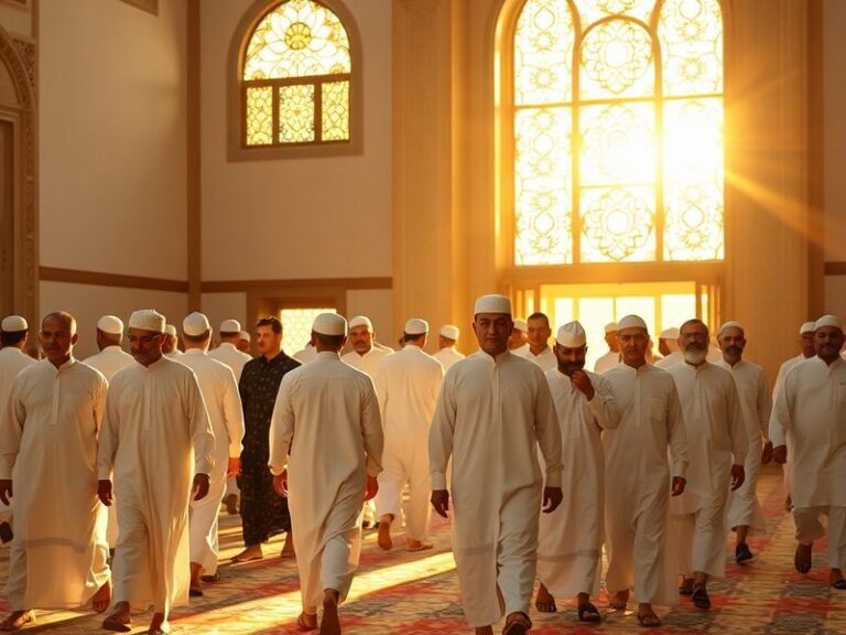 A diverse group of Ahmadi Muslims participating in a community service event, wearing traditional Islamic attire and modern b