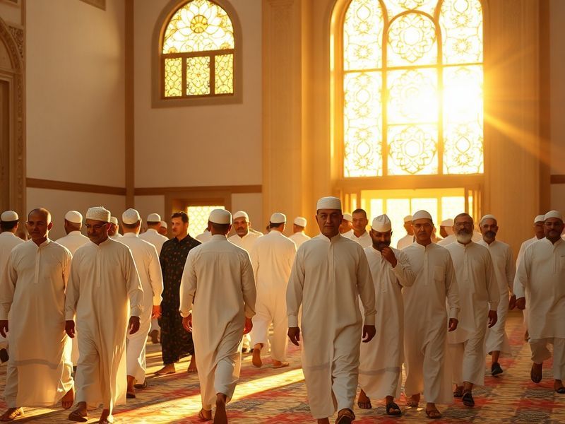 A diverse group of Ahmadi Muslims participating in a community service event, wearing traditional Islamic attire and modern b