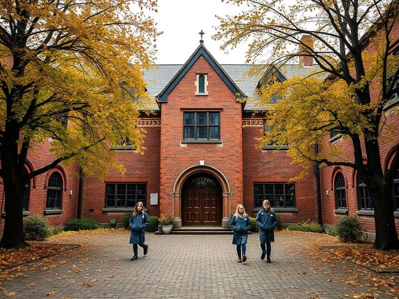 Aerial view of Thetford Grammar School’s historic campus, featuring medieval and modern buildings nestled in lush greenery, w