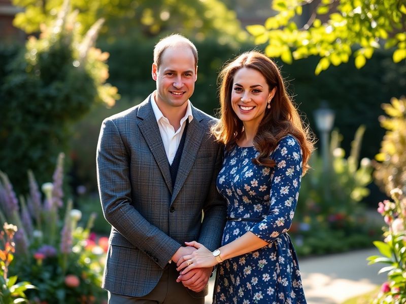 A softly lit outdoor portrait of Prince William and Catherine, Princess of Wales, seated with their three children in the bac